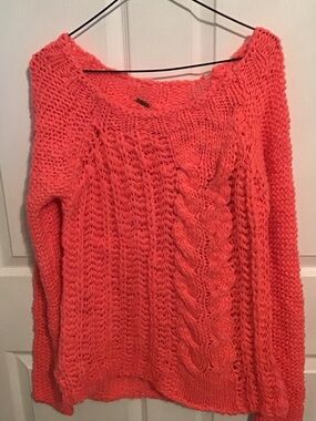 Free People Scoop Neck Chunky Cable Knit Sweater - Coral